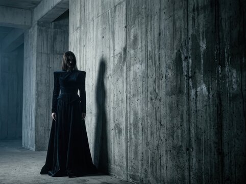 Cinematic 1970s Avant-Garde Fashion Banner with Woman in Velvet Gown Against a Textured Brutalist Concrete Wall and Large Copy Space
