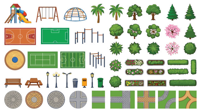 Park Playground Elements and Landscaping Assets Vector Illustration