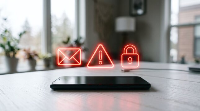 Cybersecurity concept with glowing icons above a laptop in a modern living room