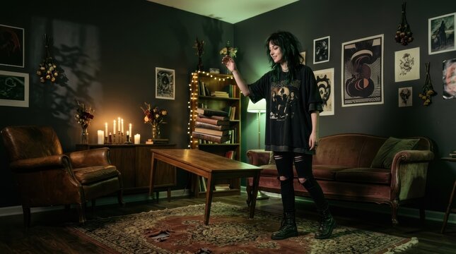 Surreal Scene of Young Woman Levitating Books in Dark Haunted Living Room with Gothic Subculture Aesthetic