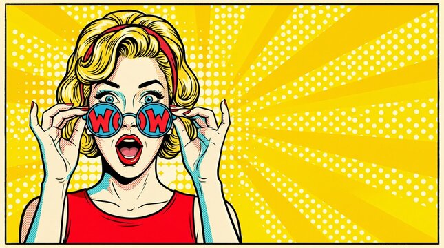 Surprised pop art woman in vintage style with retro glasses showing expression of amazement