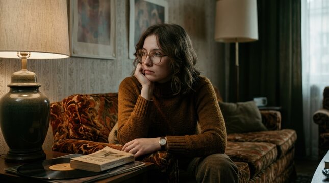 Pensive Young Woman in Retro 1970s Living Room Setting with Vintage Furniture and Analog Aesthetic for Psychological Thriller Concept