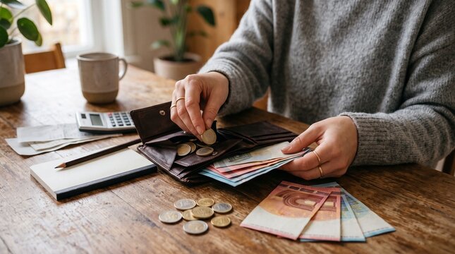 Person counting euro coins and banknotes from a wallet on a wooden table with calculator and notebook
