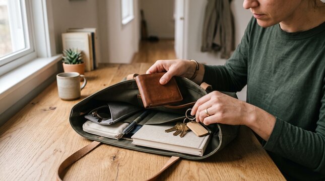 Woman packing everyday essentials into a canvas tote bag on a wooden table