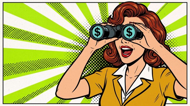 Energetic pop art woman with a vibrant expression, searching for lucrative financial opportunities through specialized binoculars with dollar signs, symbolizing foresight and business vision