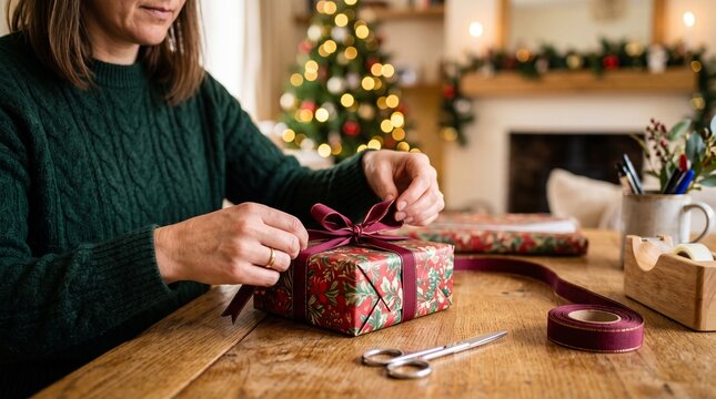 Woman tying a festive ribbon bow on a Christmas gift with a decorated tree in the background