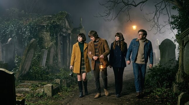 Vintage 1960s style young adults cautiously exploring a misty Victorian cemetery at night for a cinematic Halloween horror atmosphere.