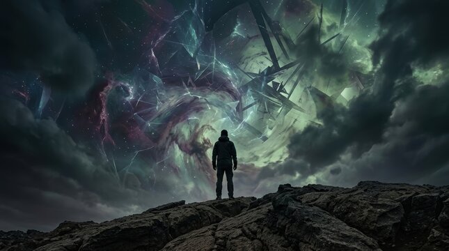 Silhouette on ridge viewing cosmic fractures and nebulae, symbolizing existential dread.
