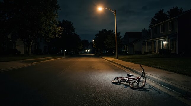 Abandoned Child's Bicycle on Dark Suburban Street at Night under Streetlight, Cinematic Horror Atmosphere