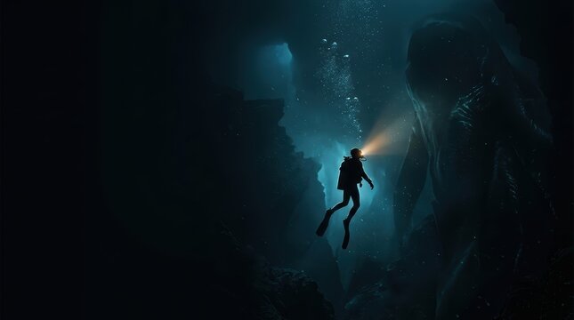 Cinematic Deep Sea Horror Banner: Diver Facing Giant Monster in Abyssal Void