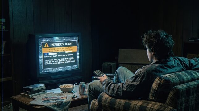 1990s Retro Analog Horror Scene with Emergency Broadcast on CRT Television