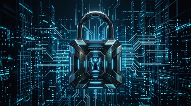 Cybersecurity lock with digital data streams representing online security and data protection