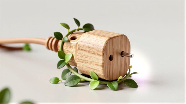 Wooden plug entwined with green leaves, symbolizing eco-friendly energy.