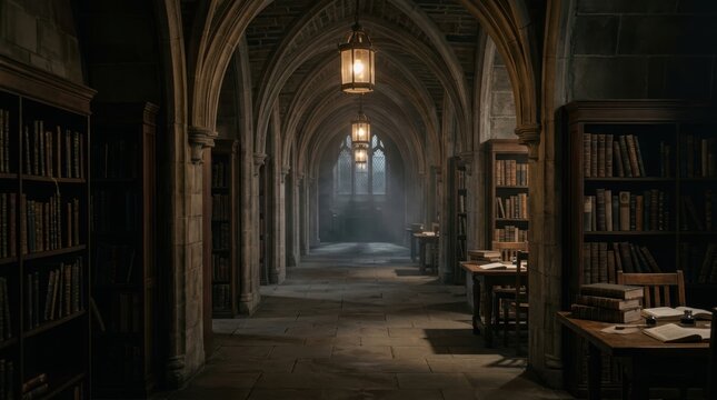 Gothic University Library Corridor with Vaulted Stone Arches, Vintage Bookshelves, and Dim Lantern Light, Dark Academia Mystery Concept in Mid-Century Scholarly Setting