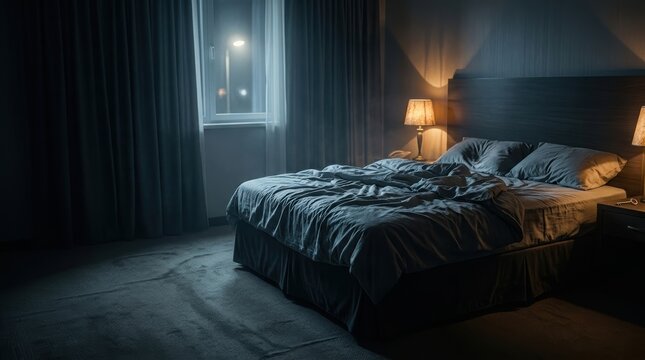 Eerie empty hotel room at night with rumpled unmade bed and cinematic shadows in haunting horror atmosphere.