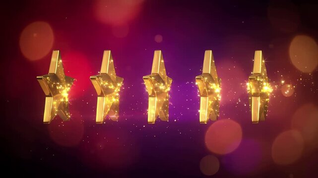 Five shimmering golden stars rotating against a soft bokeh background for a premium product review rating animation