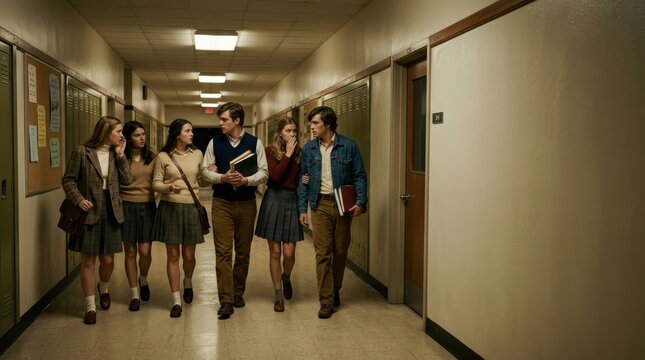 Cinematic 1970s Vintage School Horror Concept: Group of Students Walking in Moody Corridor, Nostalgic Youth Fashion, Uncanny Atmosphere and Large Copy Space for Hero Banner