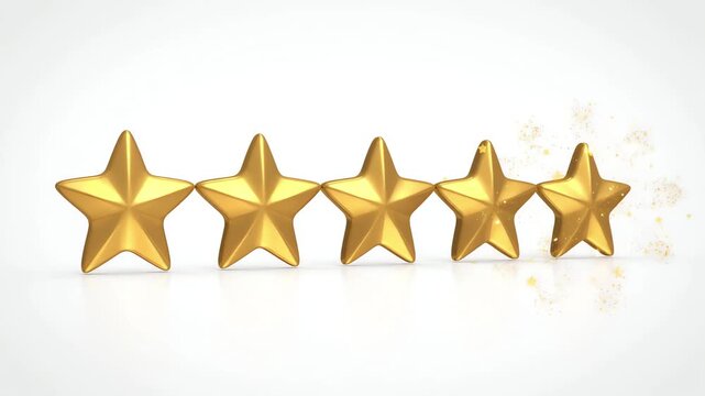 Five golden 3D stars popping up one by one with glowing sparkles on a minimalist clean white background for customer rating animation