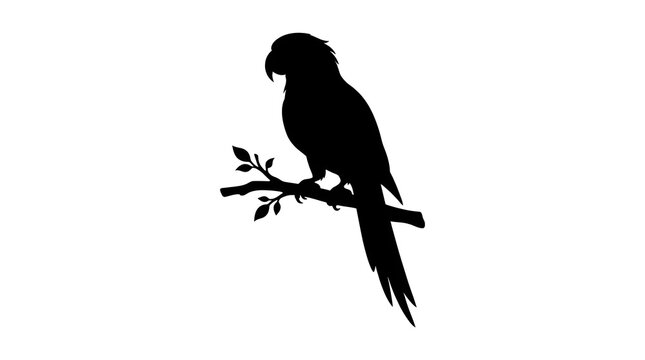Parrot silhouette perched gracefully on a thin branch with small leaves against a clean white background, showcasing minimalist vector art design suitable for nature graphics.