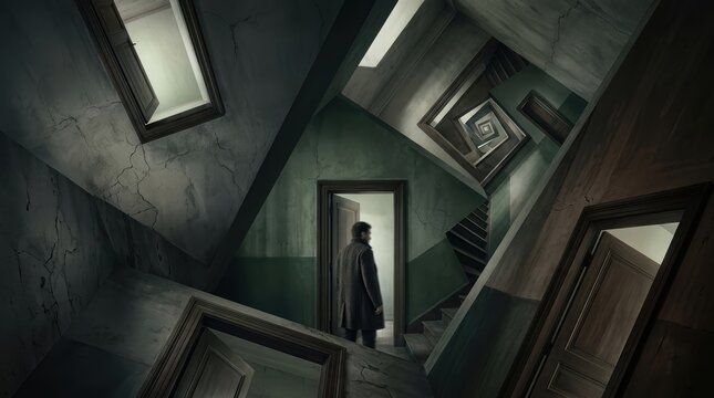 Surreal architectural labyrinth of infinite doorways and shifting perspectives symbolizing psychological dread and mental complexity.