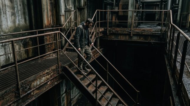 Lone man hesitant on rusted industrial stairs descending into dark subterranean void, cinematic horror atmosphere.