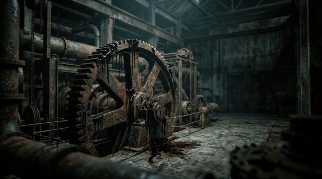 Colossal Rusted Gear Dripping Viscous Black Fluid in a Cavernous Machinery Hall, Cinematic Industrial Horror Representing Mechanical Obsolescence and the Decay of Progress