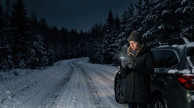Lone Traveler Using Phone on Desolate Snowy Road at Night, Cinematic Winter Horror Scene with Car and Forest