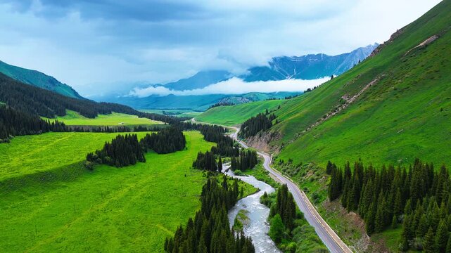Aerial view of a winding mountain road beside a rushing river, crossing vivid alpine meadows and conifer forest beneath low clouds in Xinjiang.