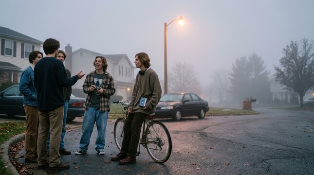 1990s retro teenagers in foggy suburban street at dusk, cinematic horror aesthetic with grunge fashion and vintage accessories.