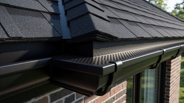 Black gutter system on house roof with asphalt shingles. Perforated cover protects from debris. Shows clean edge detail. Home exterior water management.