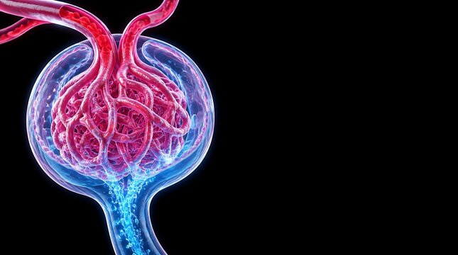 3D render of a human kidney glomerulus showing filtration process in a medical visualization.