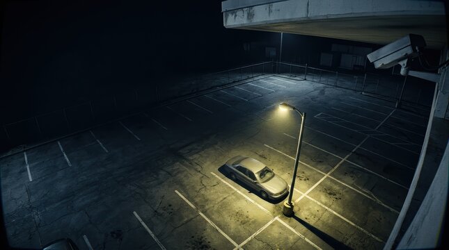 Night Surveillance CCTV POV of Desolate Parking Lot with Lone Car Under Streetlamp, High-Angle Security Camera View for Suspenseful Commercial Projects