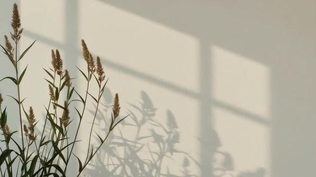Foxtail Grass Plant Botanical Shadow on Sunlight Wall Creating Calm Natural Interior Scene