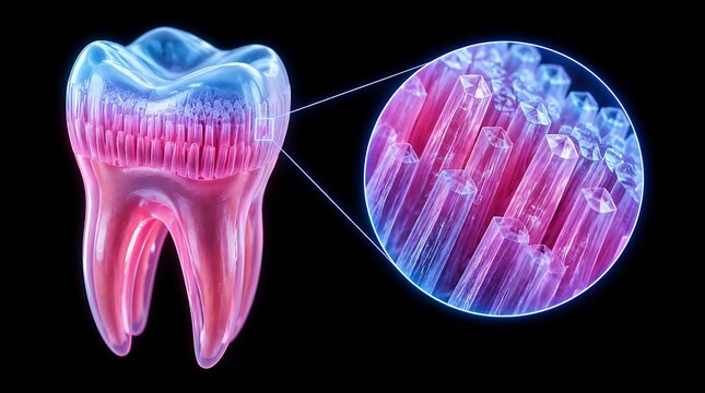 Microscopic view of human tooth enamel structure and dentin layers for dental education.