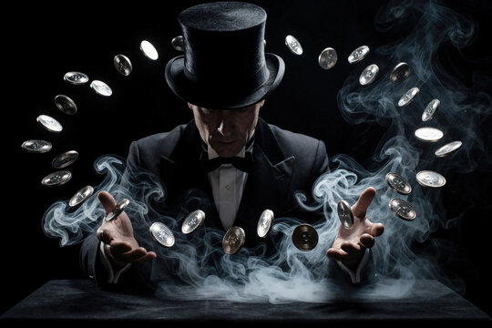 Man in top hat performs magic trick levitating coins with smoke swirling around his hands. Illusionist conjures coins in dark setting, creating mystique and wonder with skillful sleight of hand.