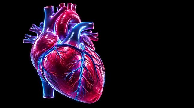 3D render of a human heart isolated on a black background.