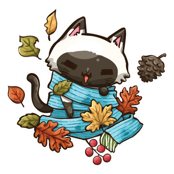 Cute cartoon cat wrapped in a cozy blue scarf, surrounded by colorful autumn leaves, acorns, and berries. Perfect for fall, seasonal crafts, stickers, greeting cards, and cozy designs.