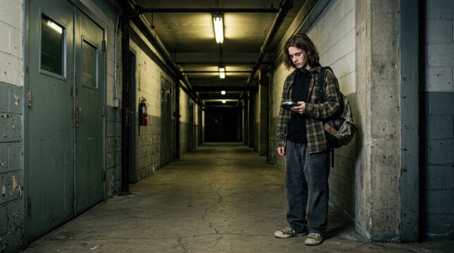 Solitary 1990s Grunge Teenager with Portable CD Player in Abandoned Industrial Corridor Retro Horror Aesthetic