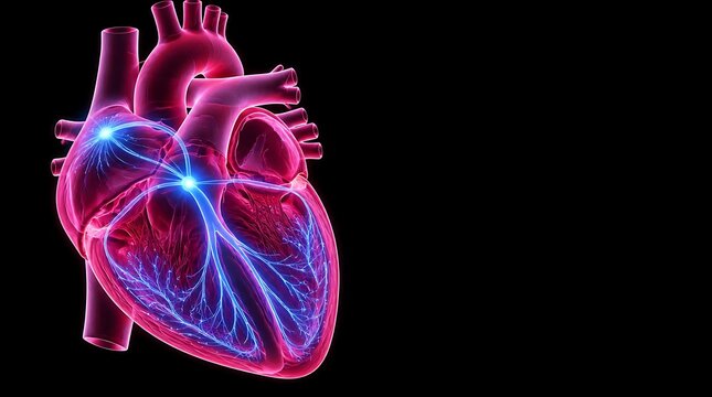 3D medical illustration of a human heart with electrical conduction system highlighted in blue.