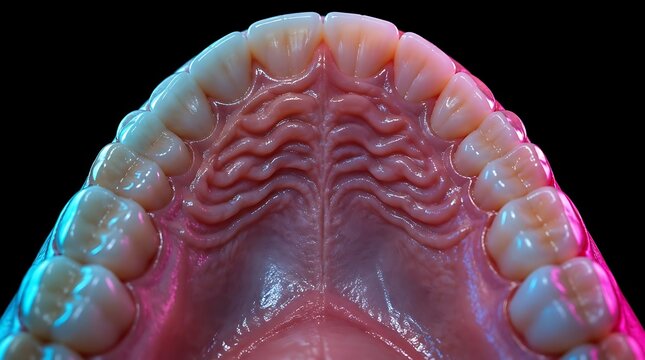 Detailed macro view of human teeth and the roof of the mouth.