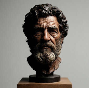 Detailed bust of old man with wavy dark hair, beard sits on wooden stand. Sculpture shows weathered face with deep wrinkles. Artistry conveys strong character, wisdom. Neutral background highlights