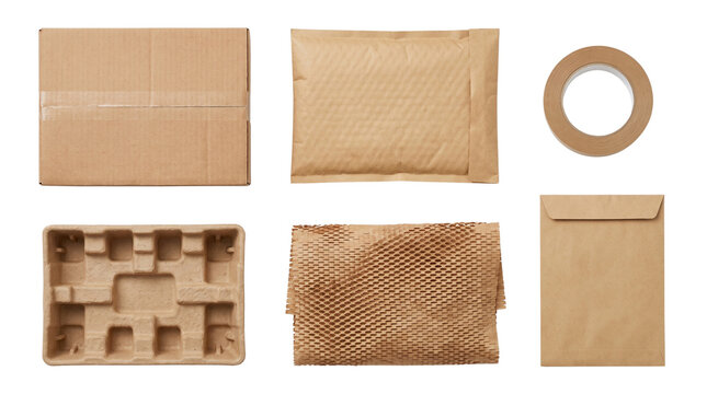 Brown shipping boxes and packaging materials isolated on transparent background png