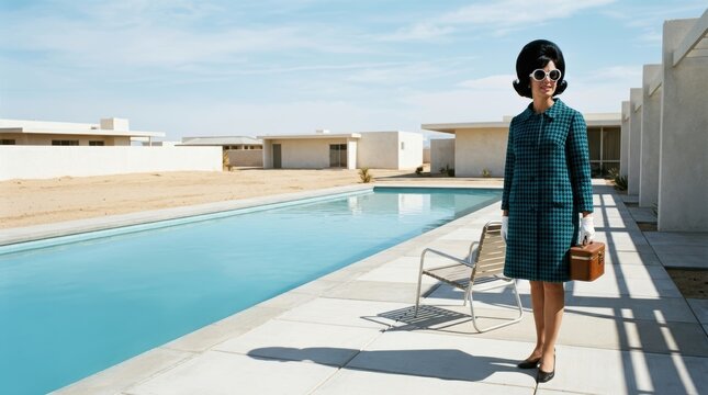Retro 1960s High Fashion Woman in A-Line Coat Standing by Luxury Desert Pool, Mid-Century Modern Resort Architecture with Large Copy Space for Advertising Banner