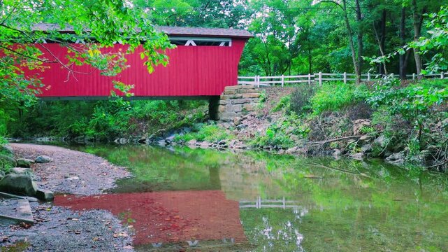 Reflection of The Everett  Covered Bridge on Furnace Run Creek, Cuyahoga Valley National Park, Ohio, USA