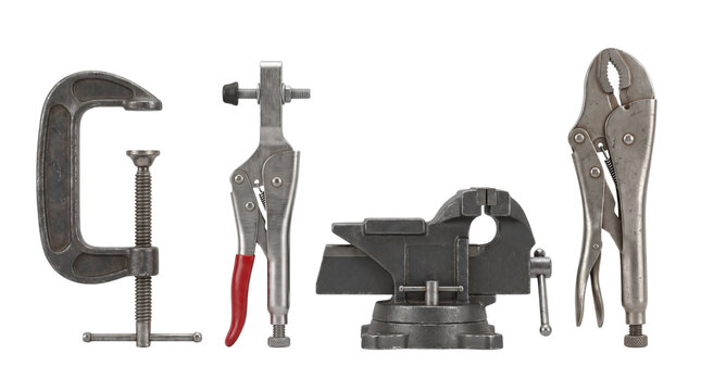 Metal clamps, bench vise and locking pliers isolated on transparent background png