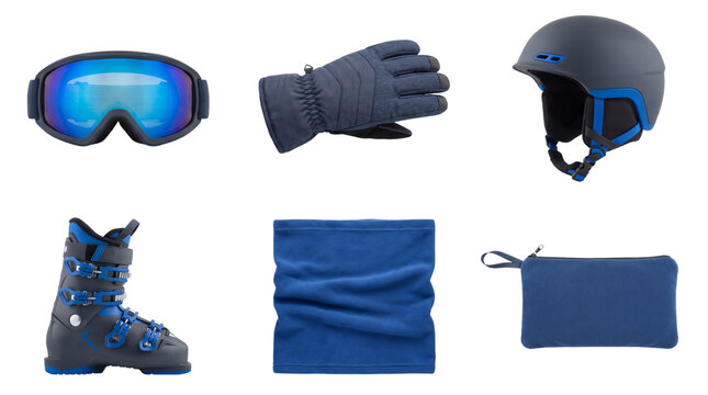 Blue winter ski gear set isolated on transparent background png