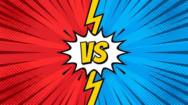 Comic book versus background with red and blue rays for battle competition and challenge comparison