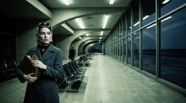 Vintage 1960s fashion banner: fearful solitary woman in mid-century airport terminal, cinematic suspense with atmospheric copy space.