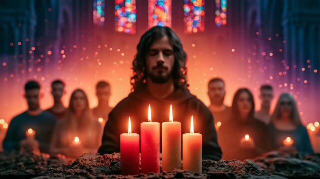 Worshipper Silhouettes in Dim Church with Four Candles