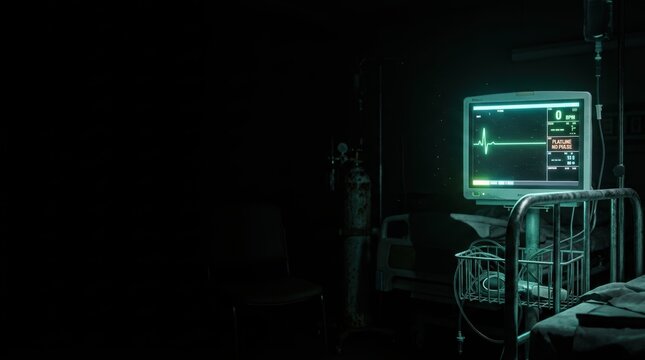 Eerie medical horror scene with glowing flatline monitor in dark hospital ward featuring ample copy space